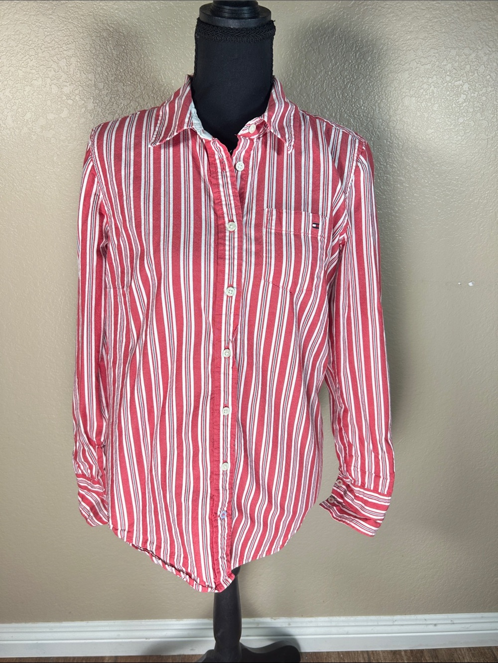 Tommy Hilfiger Red & White Striped Button Front Shirt Women’s Medium